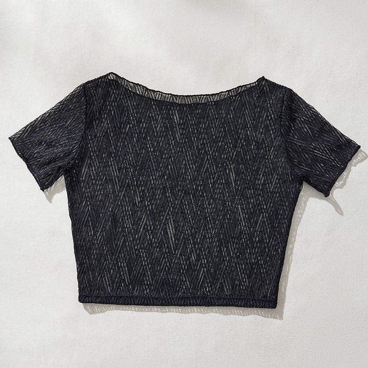 Black Women Short Sleeve Low Collar See-through Mesh Base Shirt Women's Large Size Lace Women Female Cropped Top