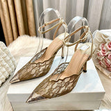 Elegant Women Lace Floral Pumps Metal Pointed Toe Stiletto Heels With Ankle Strap Sexy Wedding Guest Dress Shoes Gold