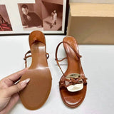 Women's Summer Professional Single-Strap Heeled Sandals, Fashionable Brown Style with Metallic Embellishments