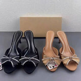 Ladies Sexy Sandals New-style Satin Feel Rhinestone Bow Peep-toe Mules Women Stiletto Heeled Slide Sandals