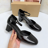 Women Black Patent Leather Mary Jane Pumps Elegant Block Mid Heel Shoes Retro Ankle Strap Dress Shoes Office Party