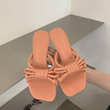 Elegant 2026 Square Toe Kitten Heel Mules Women Trendy Knotted Strappy Sandals Comfortable Slip on Dressy Party Shoes Slippers