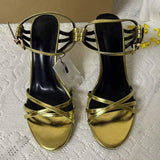 New Style French-Style Open-Toe Ladies Sexy Stiletto Heel Sandals Golden Color with Ankle Strap for Women