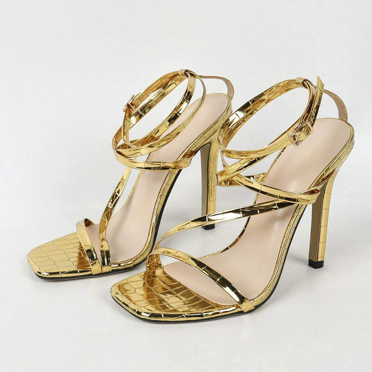 Women's Metallic Stone-Patterned Crisscross Ankle Strap Square-Toe Stiletto Sandals - Stylish Party Heels Pumps