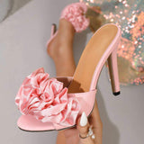 Pink Satin Floral Mules Women Trendy Open Toe Stiletto Sandals Elegant Party Prom Dressy Slip on Shoes Heels