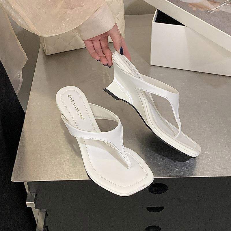 Women Square Toe Wedge Sandals Minimalist Thong Heeled Mules Elegant Summer Dress Shoes Party Office Daily Wear White