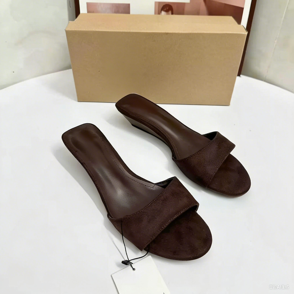Women Brown Suede Wedge Sandals Elegant Open Toe Low Heel Mules Chic Summer Slides Comfortable Lightweight Daily Dress Shoes