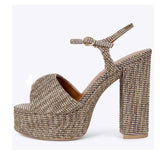 Women's Summer New Style Ankle-Strap High Heels with Platform, Rhinestones, Thick Block Heel Fashionable Versatile Sandals