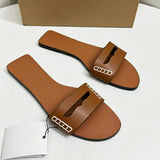 Minimalist Flat Sandals Women Contrast Stitching Cut Out Slide Sandals Luxury PU Leather Summer Beach Outdoor Slip on Shoes