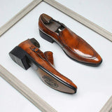 Men's Glossy Cowhide Leather Slip On Dress Shoes With Brogue Detailing And Side Buckle Accent Formal Business Wedding Shoes
