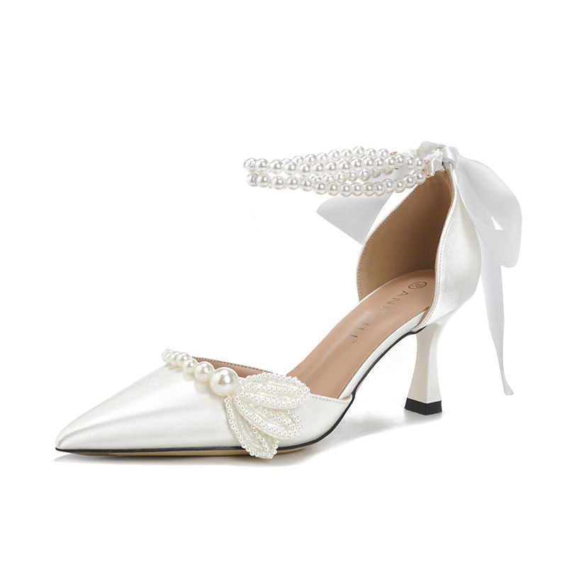 Wedding Pearl Ankle Zapatos Tacon Mujer Party Sexy New European Fashion White Pointed Heel Women's Pumps