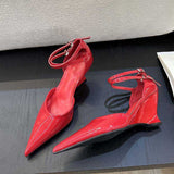 New Styles Elegant Lady Ankle Strap Pointed Toe Red Wedge Heels for Women