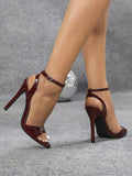Cross-Border Ladies' Patent Leather Single-Strap Pointed-Toe Women Heeled Stiletto Sandals - Burgundy High Heels