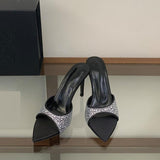 Sexy Leopard Print Slippers Mules Women Rhinestones Sandals Stiletto Sandals Party Night Club Heels