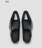 Men's Glossy Cowhide Leather Slip On Dress Shoes With Brogue Detailing And Side Buckle Accent Formal Business Wedding Shoes