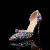 Women'S Colorful Rhinestone Pointed Toe Stiletto Heeled Sandals Hollow Side Design Ball Decor Party Wedding Dress Pump Shoes
