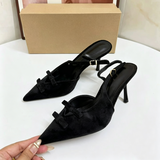 Elegant Women Black High Heels Pointed Toe Slingback Sandals Triple Bow Detail Stylish Party Dress Shoes