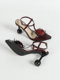 Sandales Pour Femmes Women's 3D Lace Flower Pointed-toe Irregular-heel Sandals - Party Style Burgundy High Heels Shoes