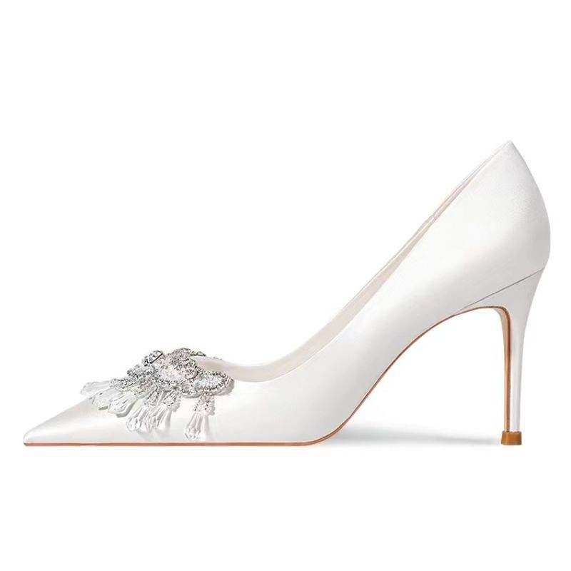 Wedding Bride Shoes Size 33-42 Elegant Silk White Pearl BOw Pointed Toe Pumps Sexy 2025 Trendy Women's Heels