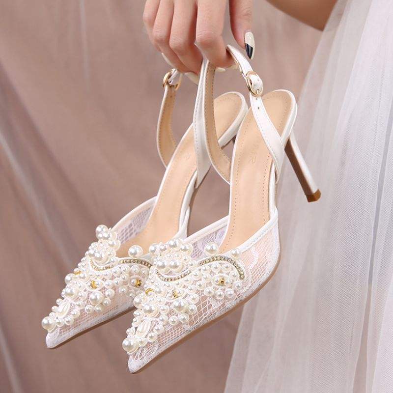 8.5CM/6.5CM Ladies White Footwear Zapato De Tacon Kitten Pearl Slingback Women Wedding Heels for Bride