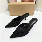 Lace Embroidered Pointed Toe Mules for Women Soft Backless Slip on Flats for Party and Daily Wear Ladies Sexy Heeled Sandals