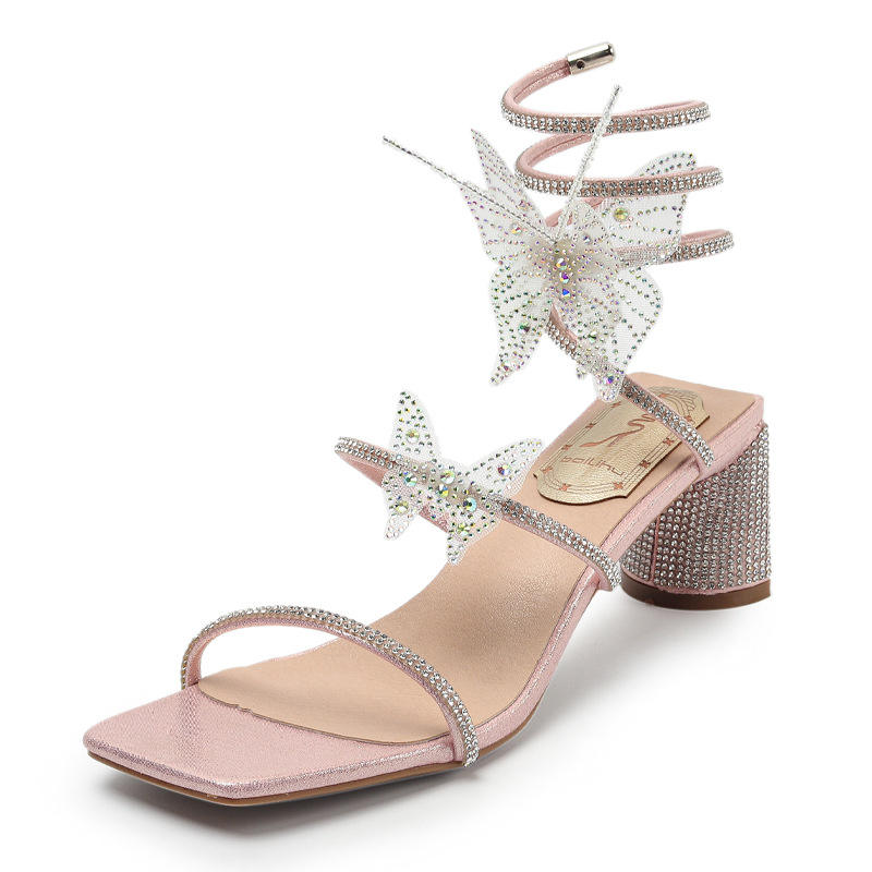 Ankle Wrap Designer Block Talon 7CM Pink Rhinestone Butterfly Heels for Women