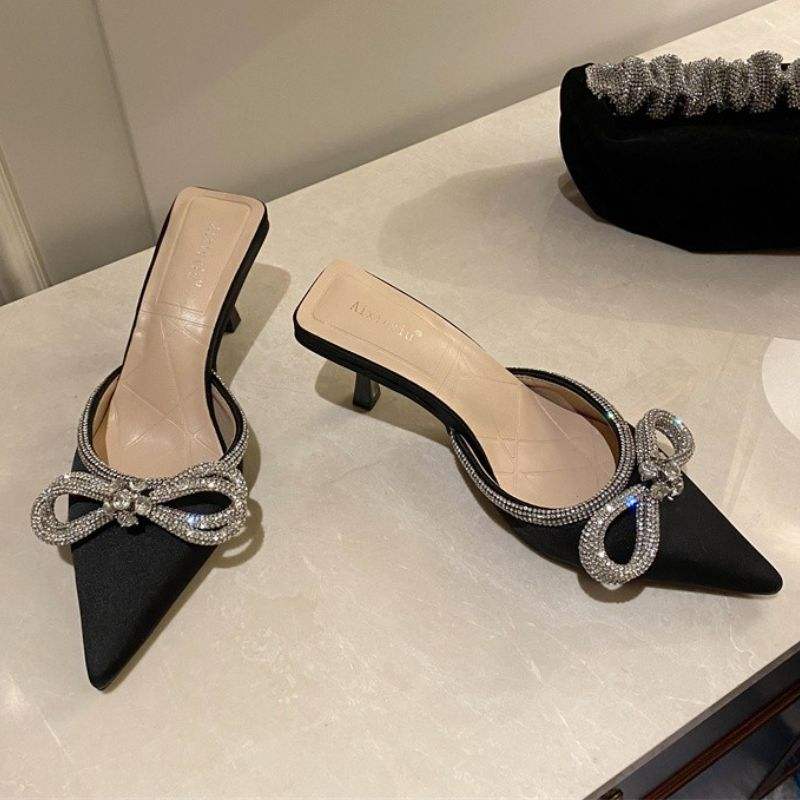2025 New Fashion Salto Alto Summer Female Slides Mules Low Shoes Bow Kitten Heels for Ladies