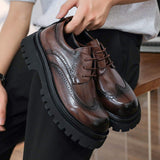Thick Sole Height Increasing 4cm Good Quality Brogue Pattern Loafers Round Toe Lace up Durable Men Chunky Dress Shoes