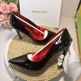 Metal Buckle 8CM/10CM Chaussure Talons Trending Black Patent Leather Pointed Toe Red Insole Slip-On Pumps Heels for Ladies