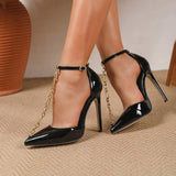 Talons Femmes Elegant Black Stilettos Chain Ornament Luxury Pointed Toe Evening Dress Sandals Wedding Heels