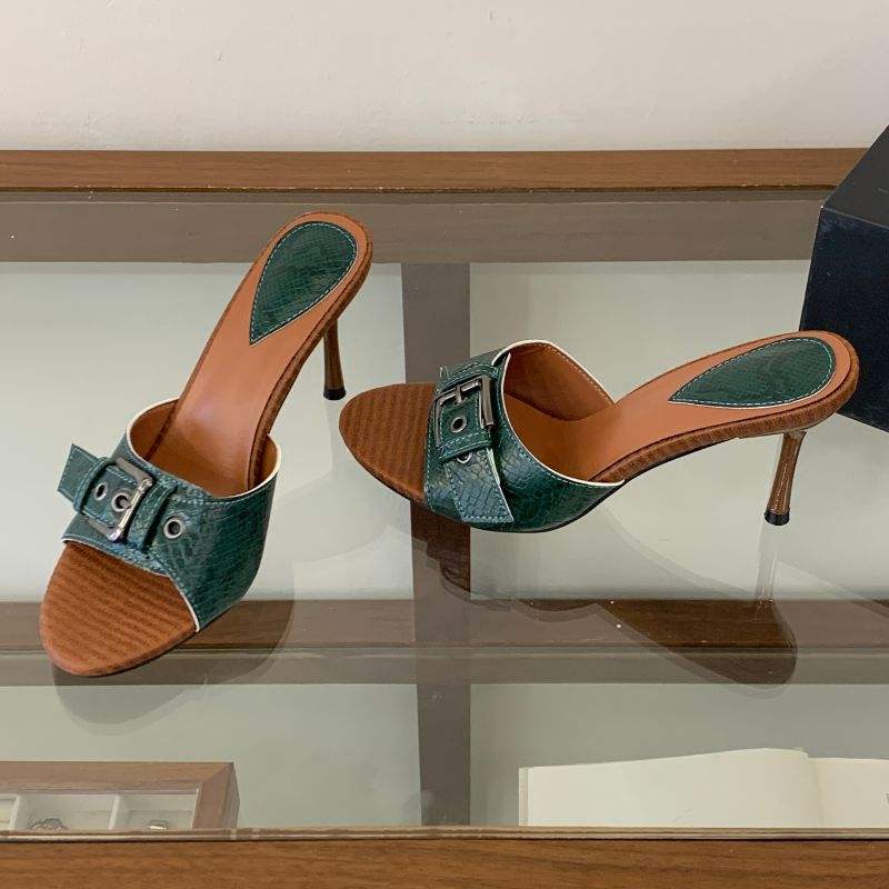 Talon Elegant Buckle Stiletto Open Toe Slip-On Slippers Metallic & Green Summer Slides Sandals Heel for Ladies