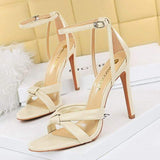 Strappy Lace up Sexy Female Shoes Open Toe Chunky Trendy Women's Brown Heels