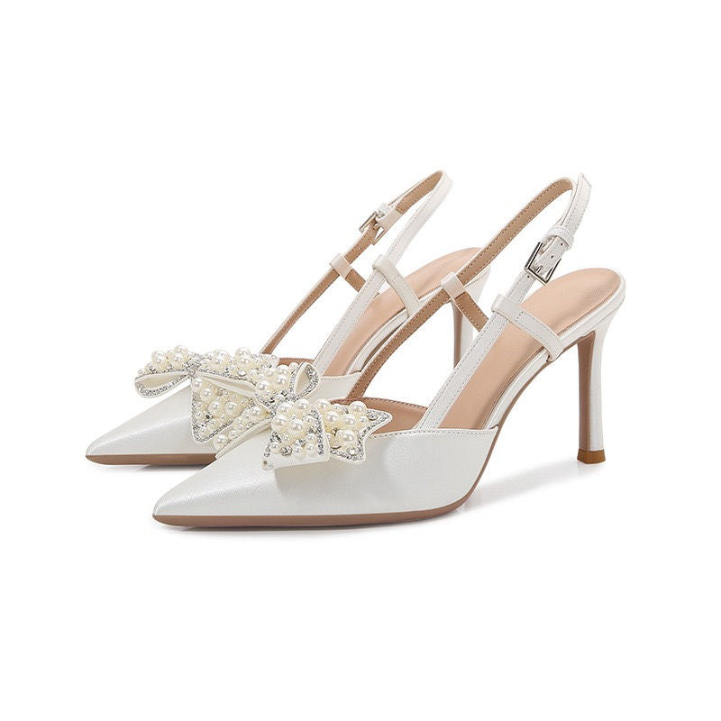 Detachable Wedding Shoes Zapatos Mujer Saltos Bow Lace up Strappy Ankle Pearl Strap White Wedding Heels for Bride