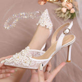 8.5CM/6.5CM Ladies White Footwear Zapato De Tacon Kitten Pearl Slingback Women Wedding Heels for Bride