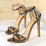 Colorful Sandales Chaussure Talon Femme Bling Crystal Reflective Fashion Sexy Metal Stud Rivet Glitter Women Heels for Ladies