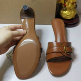 Sandales a Talons Hauts New Summer Style Brown Women Peep-Toe Slide Sandals with Buckle Closure Casual Shoes