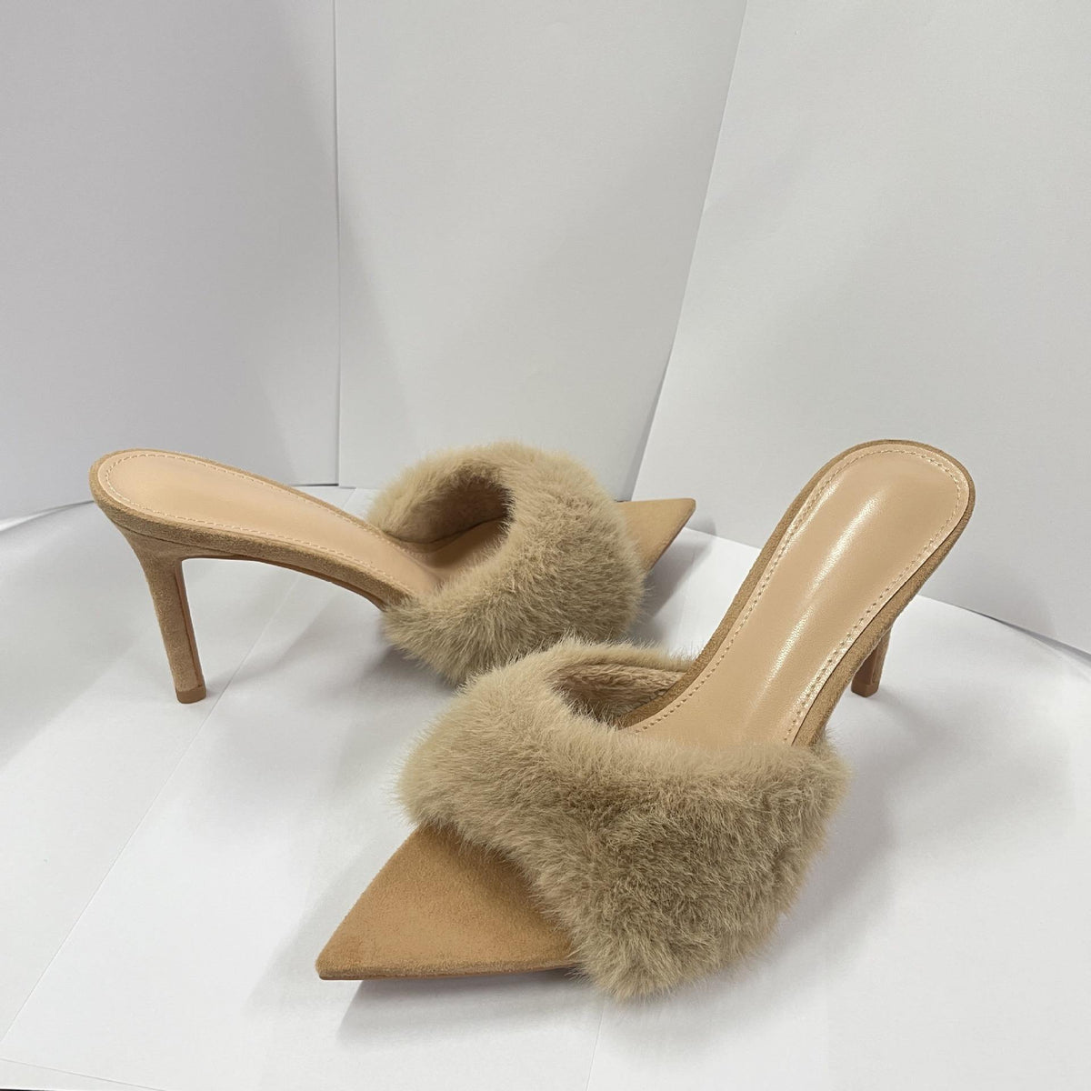 Women's Fuzzy Fur Stiletto Mule Sandals Soft Insole Elegant Open Toe Slip on Heels for Party Date Daily Casual Wear