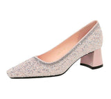 Women's Shoes 2025 New Sequins Rhinestones Square Toe Thick Heel Elegant Temperament Heels