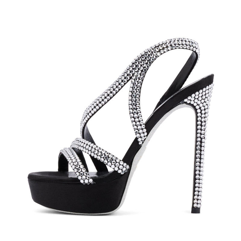 Women Black Platform Sandals Rhinestone Strappy High Heels Sparkly Stiletto Pumps Sexy Open Toe Evening Party Dress Shoes