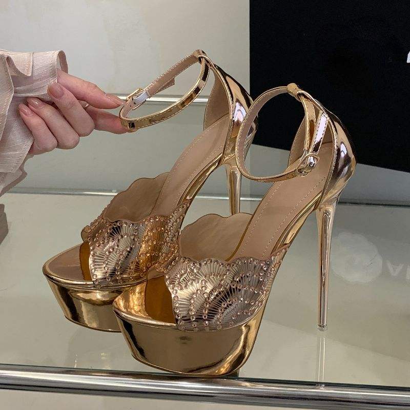 Gold Sandalias De Plataforma Pole Dance Metal Thin Stiletto Platform Stripper 16CM High Heels
