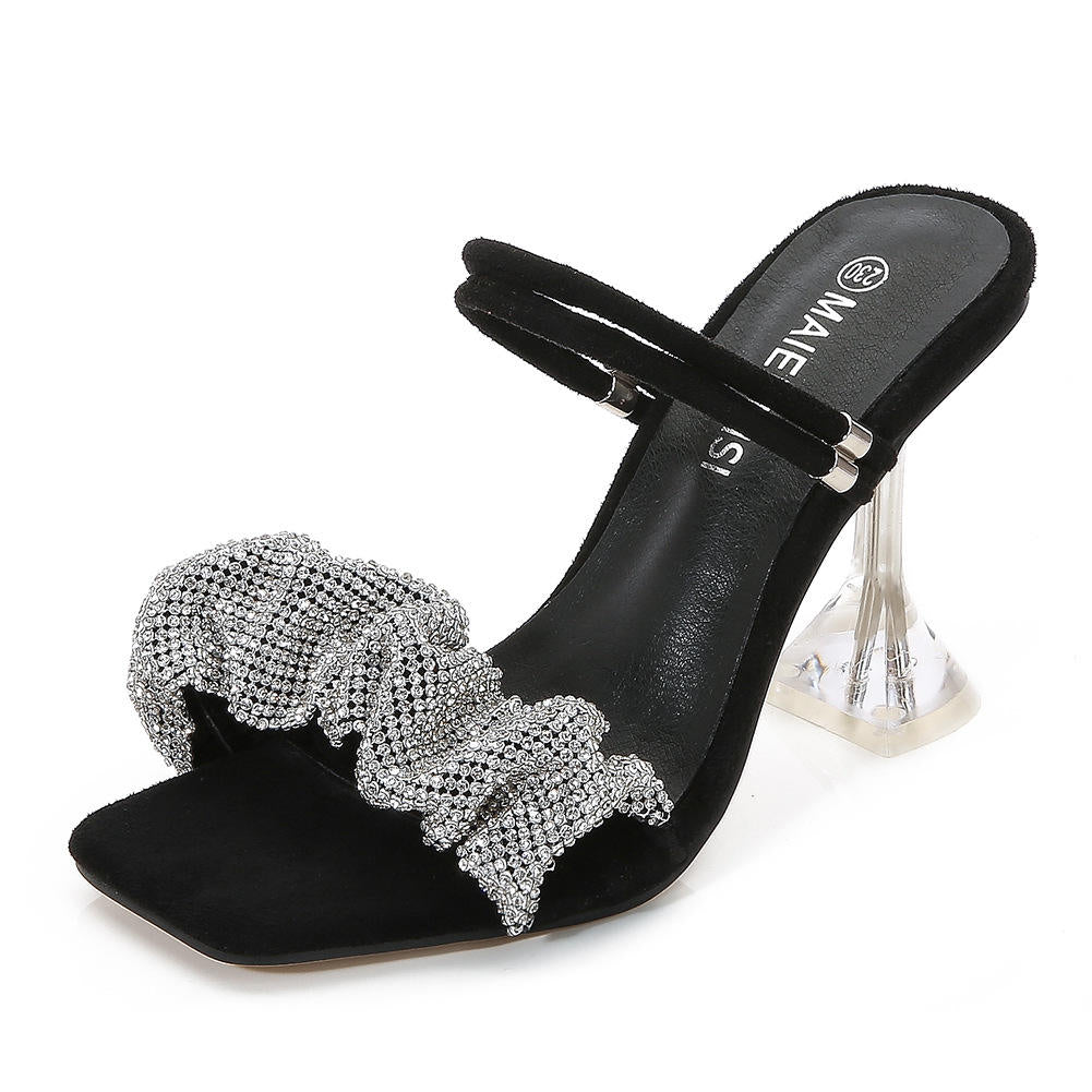Zandalias Women Two Ways of Wearing 34-46 Glitter Rhinestone Talon Femmes Summer Slippers Sandal Shoes Square Toe Mules Heels