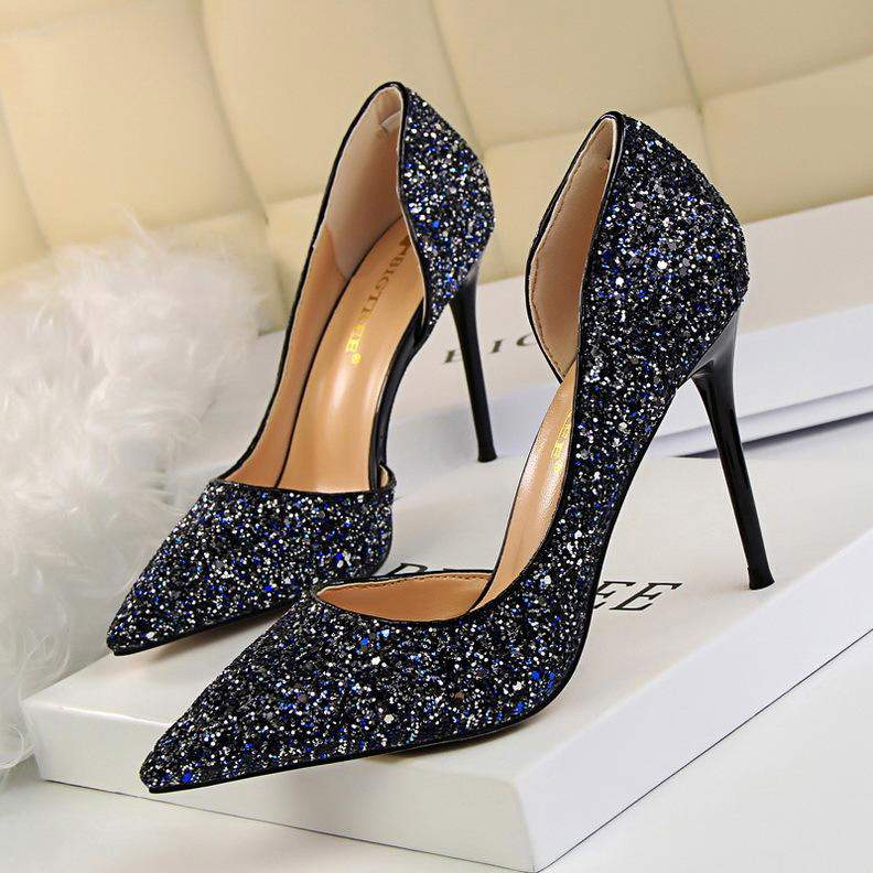 New Arrival European Fashion Bling Sequin Chaussure Femme Talon Slide Sandals Women Heels for Sexy Ladies Mules