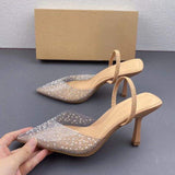 Unique Designer Tacones Elegant Shoes Medium Height Clear Studded Shoes Women's Sandals Heels