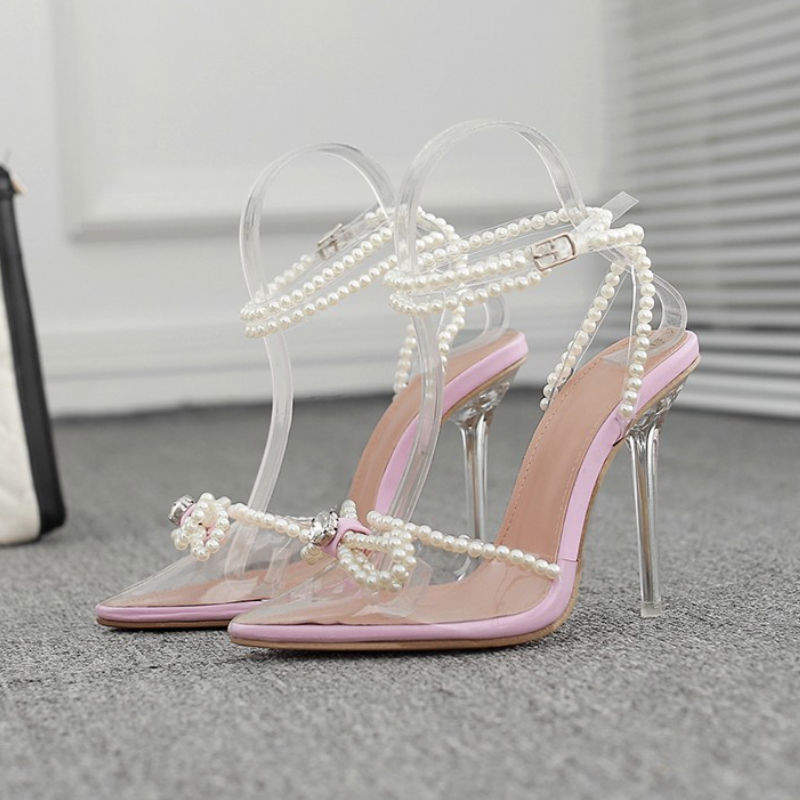 Sandales Talon Femme Glass Clear Transparent Bow Summer New Arrival Pearl Heels for Women and Ladies