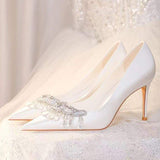 Wedding Bride Shoes Size 33-42 Elegant Silk White Pearl BOw Pointed Toe Pumps Sexy 2025 Trendy Women's Heels