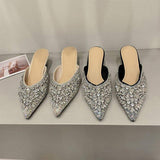 Silver Rhinestone Diamond Elegant Tacones De Mujer Sexy Mules Low Women Kitten Heels for Ladies