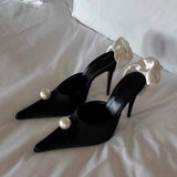 8CM Talons Hauts White Flower Back Pearl Slipper Black Pumps Women Luxury Heels for Party