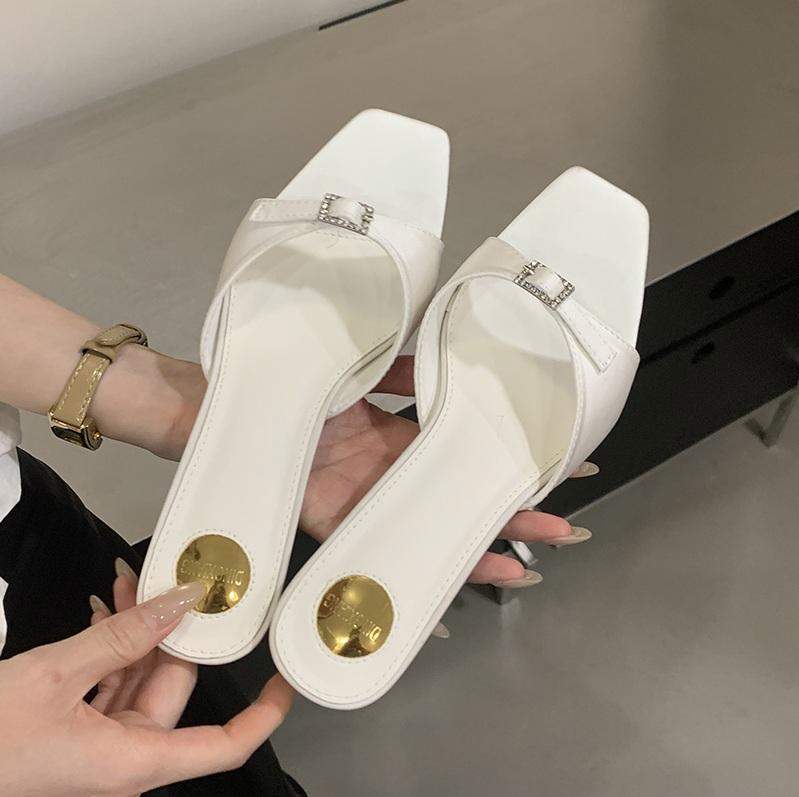 Brown Satin Square Toe Mules Crystal Buckle Elegant Slip on 5cm Heel Womens Dress Shoes Ladies Slippers