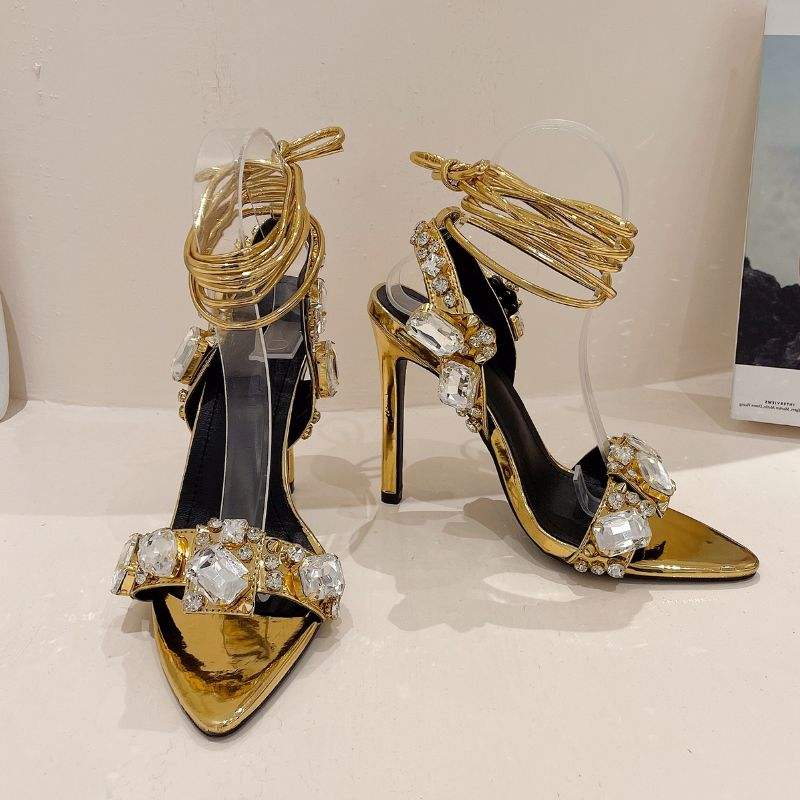 Ankle Lace up Chaussures a Talons Point Toe Luxury Sexy Crystal Gold Strappy Heels for Women