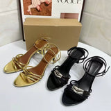 Chaussures a Talons Hauts Sensuelles Pour Femmes Metallic Gold Embellished Ankle-Strap Ladies Sexy Stiletto Sandals